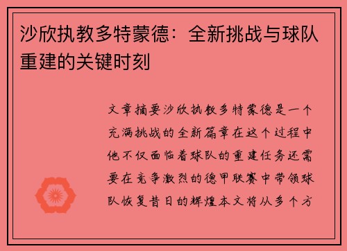 沙欣执教多特蒙德：全新挑战与球队重建的关键时刻